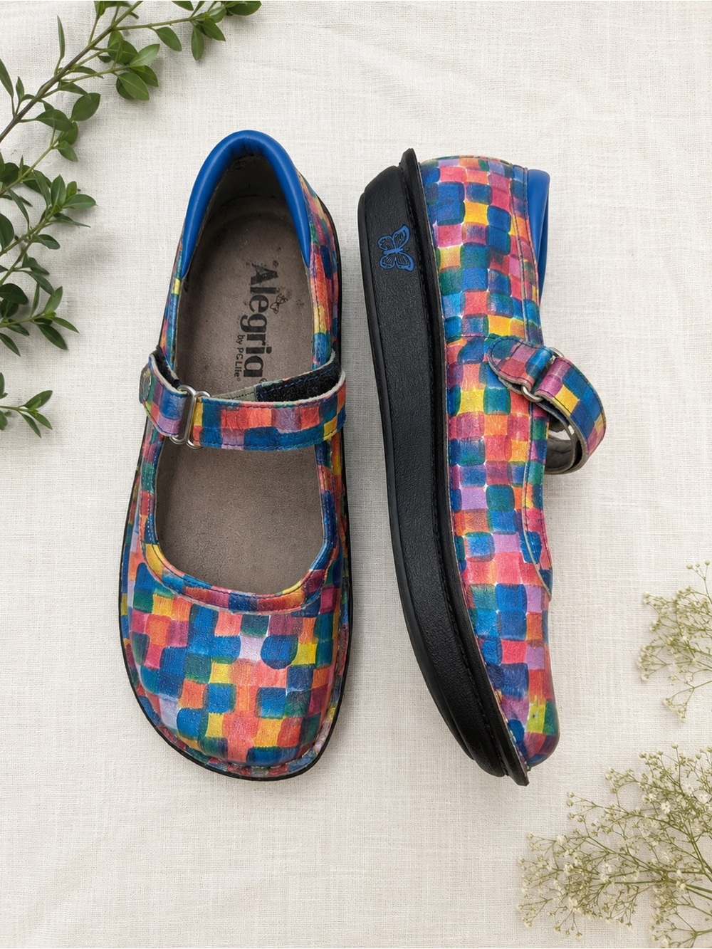 Alegria Mary Jane Comfort Shoes Colorful Mosaic Print Leather